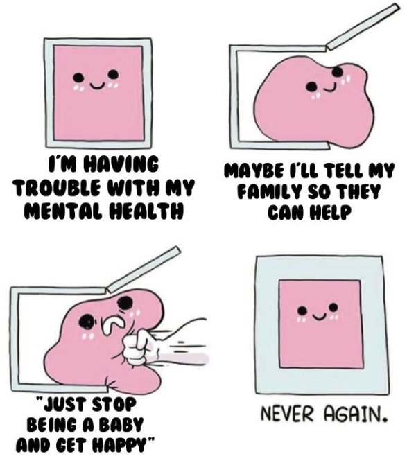 never again meme love - I'M Having Trouble With My Mental Health Maybe I'Ll Tell My Family So They Can Help "Just Stop Being A Baby And Get Happy" Never Again.