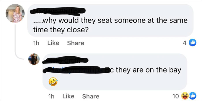 .....why would they seat someone at the same time they close? 1h 4 L oc they are on the bay 1h 10 Il