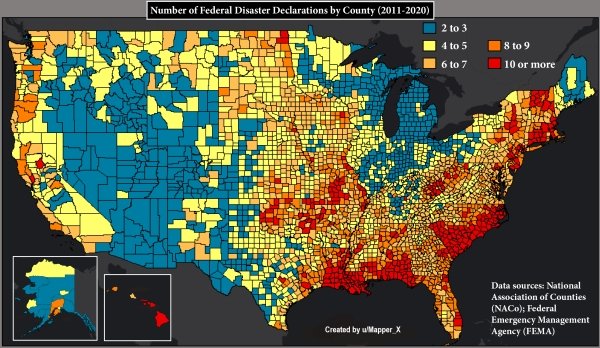 map - Number of Federal Disaster Declarations by County 20112020 2 to 3 4 to 5 6 to 7 8 to 9 10 or more Data sources. National Association of Counties NACo Federal Emergency Management Agency Fema Created by Mapper X
