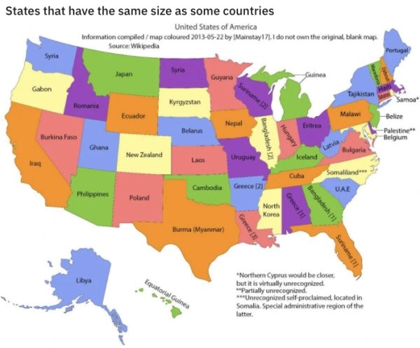map - States that have the same size as some countries United States of America Information compiledmap coloured by Mainstay171.1 do not own the original, blank map Source Wikipedia Portugal Syria Japan Syria Guyana Guinea Gabon Tajikistan Samoa Romania…