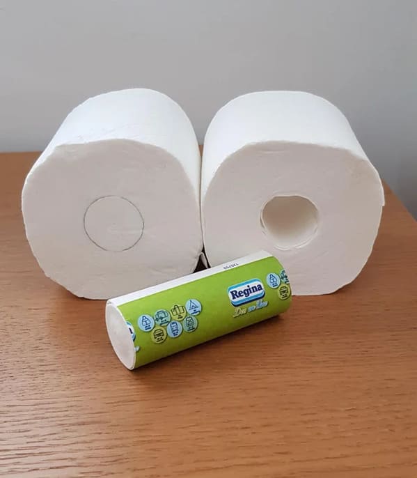 “This toilet paper roll contains a mini paper roll to carry with you, instead of an hollow cardboard roll!”
