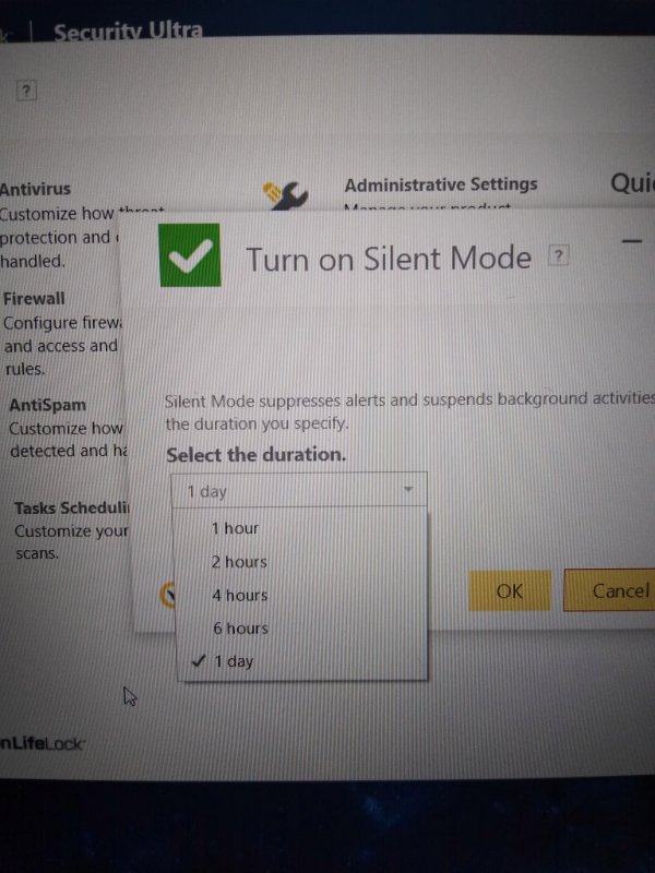 software - Security Ultra. 2 Administrative Settings Qui Nar Antivirus Customize how the protection and handled. Turn on Silent Mode ? Firewall Configure firew and access and rules. AntiSpam Customize how detected and he Silent Mode suppresses alerts and 