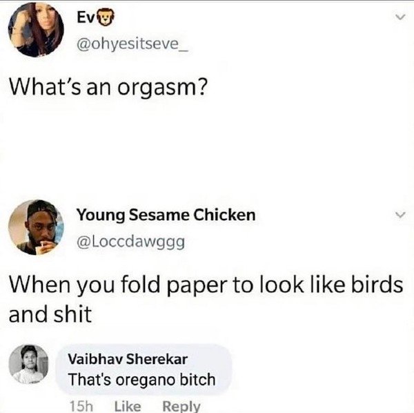 dirty memes and pics - origami oregano meme - Evo What's an orgasm? Young Sesame Chicken When you fold paper to look birds and shit Vaibhav Sherekar That's oregano bitch 15h