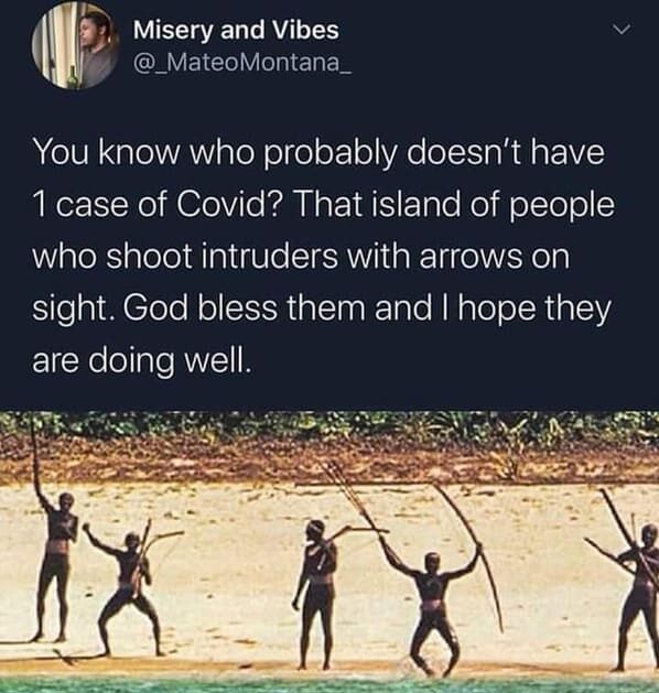 people north sentinel island - > Misery and Vibes Montana_ You know who probably doesn't have 1 case of Covid? That island of people who shoot intruders with arrows on sight. God bless them and I hope they are doing well.