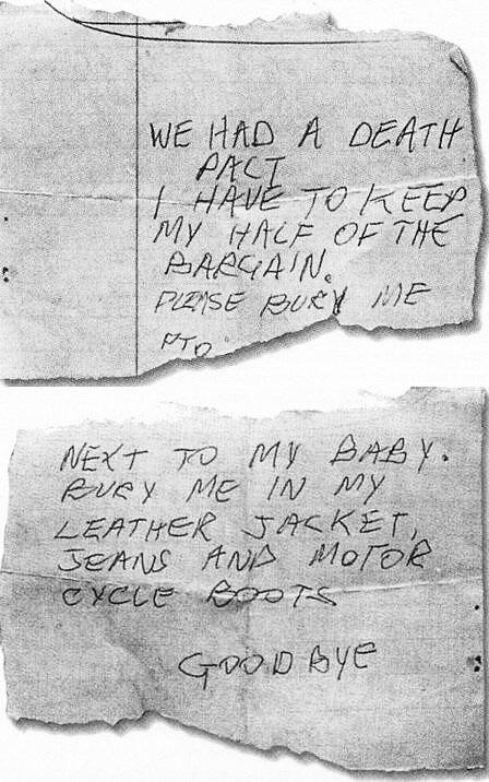 The suicide notice of infamous punk icon Sid Vicious. he purposely ODd on February 2, 1979 a day after being released on bail for The murder of his girlfriend Nancy Spungen
