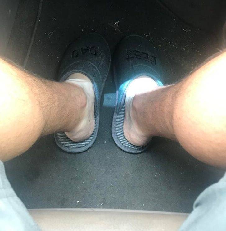 “Headed to the airport and halfway there, I looked down. Thanks for the Father’s Day gift, kids, the slippers are very comfortable.”