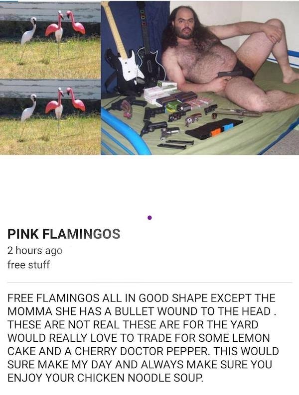 arm - Pink Flamingos 2 hours ago free stuff Free Flamingos All In Good Shape Except The Momma She Has A Bullet Wound To The Head. These Are Not Real These Are For The Yard Would Really Love To Trade For Some Lemon Cake And A Cherry Doctor Pepper. This Wou