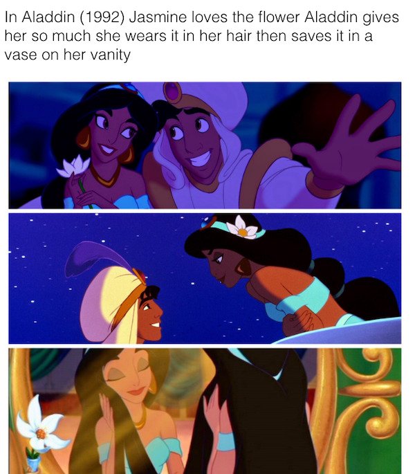 cartoon - In Aladdin 1992 Jasmine loves the flower Aladdin gives her so much she wears it in her hair then saves it in a vase on her vanity