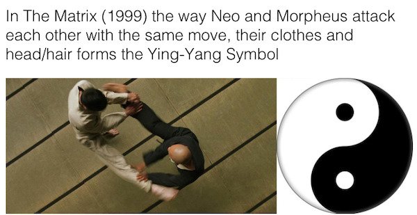 photo caption - In The Matrix 1999 the way Neo and Morpheus attack each other with the same move, their clothes and headhair forms the YingYang Symbol