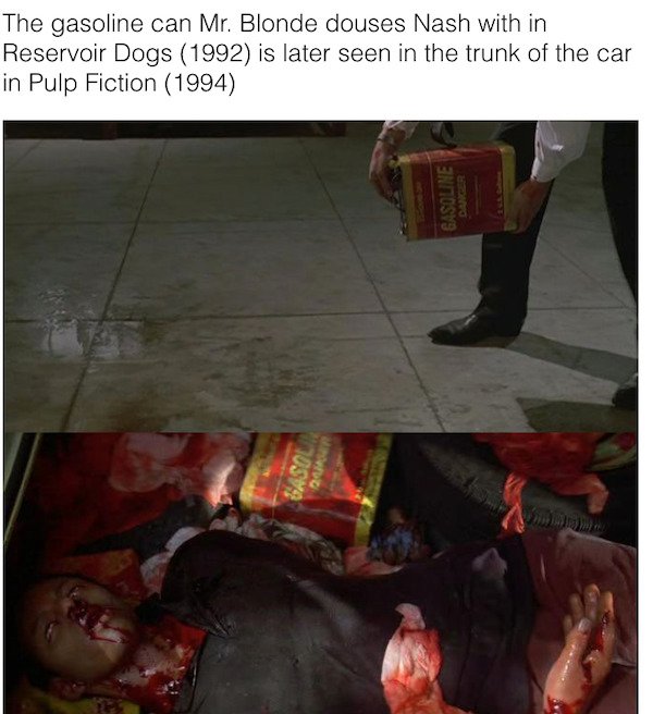 floor - The gasoline can Mr. Blonde douses Nash with in Reservoir Dogs 1992 is later seen in the trunk of the car in Pulp Fiction 1994 Gasoline 20549 Med