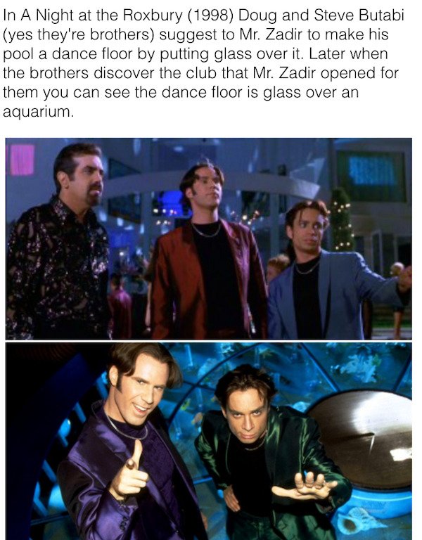 In A Night at the Roxbury 1998 Doug and Steve Butabi yes they're brothers suggest to Mr. Zadir to make his pool a dance floor by putting glass over it. Later when the brothers discover the club that Mr. Zadir opened for them you can see the dance floor is