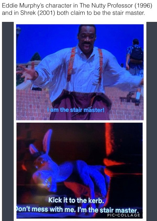 poster - Eddie Murphy's character in The Nutty Professor 1996 and in Shrek 2001 both claim to be the stair master. I am the stair master! Kick it to the kerb. pon't mess with me. I'm the stair master. Pic.Collage
