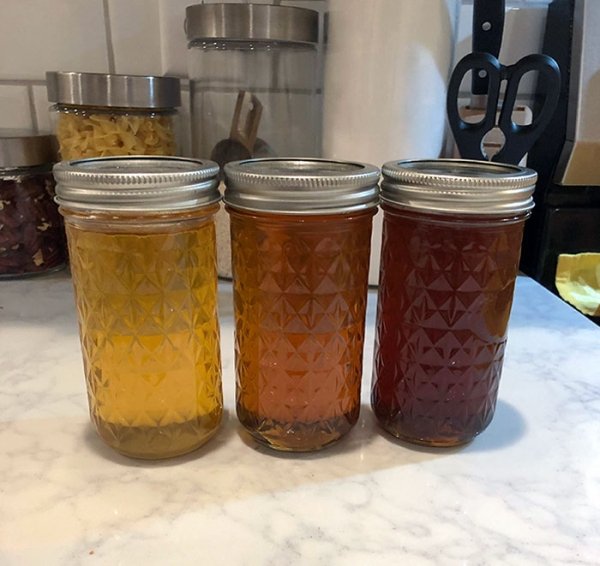 The different colors of the honey I harvested this year: spring, summer and fall.