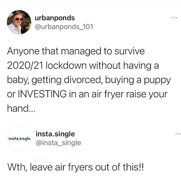 paper - urbanponds Anyone that managed to survive 202021 lockdown without having a baby, getting divorced, buying a puppy or Investing in an air fryer raise your hand... insta.single insta.single Wth, leave air fryers out of this!!