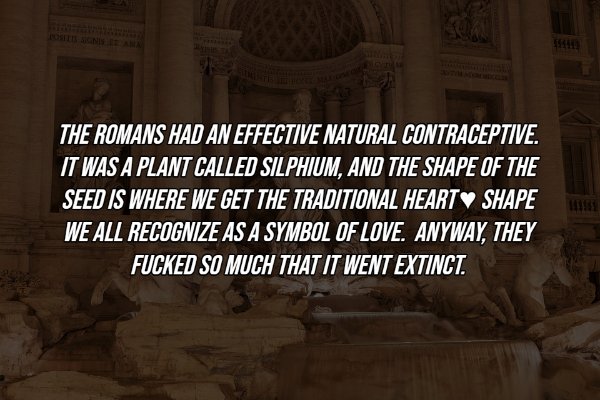 trevi fountain - The Romans Had An Effective Natural Contraceptive. It Was A Plant Called Silphium, And The Shape Of The Seed Is Where We Get The Traditional Heart Shape We All Recognize As A Symbol Of Love. Anyway, They Fucked So Much That It Went Extinc