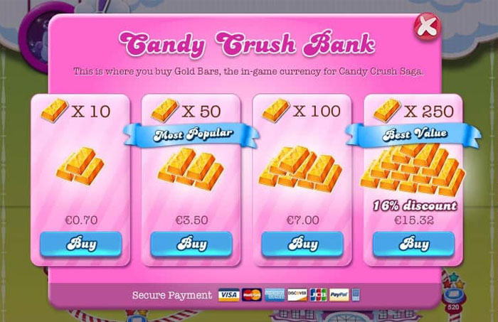 things that shouldn't exist - mobile game microtransactions - X Candy Crush Bank This is where you buy Gold Bars, the ingame currency for Candy Crush Saga. X 10 X 100 X 50 Most Popular X 250 Best Value 3.50 0.70 Buy 16% discount 15.32 Buy 7.00 Buy Buy Sec
