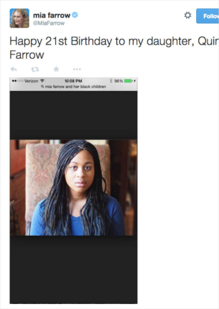 mia farrow twitter - mia farrow MiaFarrow Follos Happy 21st Birthday to my daughter, Quir Farrow .. Verizon 96% a mia farrow and her black children