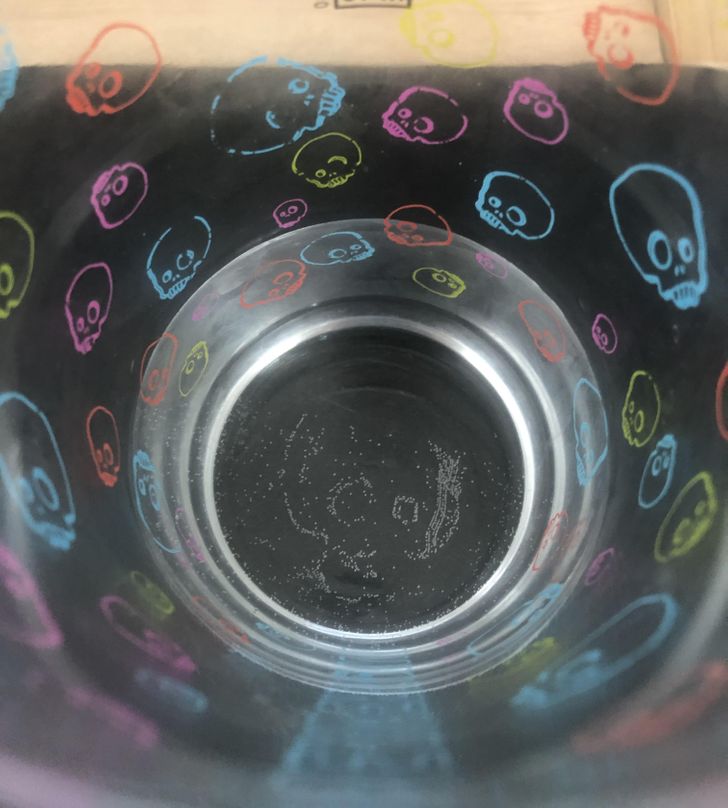“Bubbles formed in the shape of a skull in my skull-themed pint glass.”