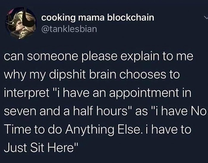 relatable memes - presentation - cooking mama blockchain can someone please explain to me why my dipshit brain chooses to interpret "i have an appointment in seven and a half hours" as "i have No Time to do Anything Else. i have to Just Sit Here"