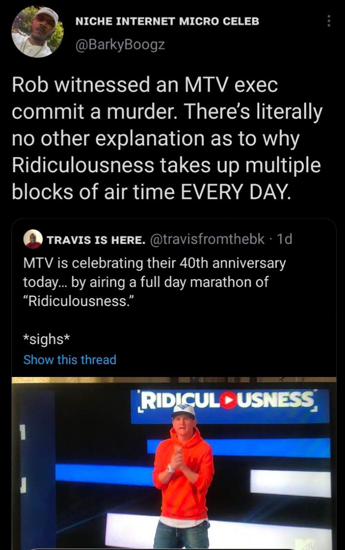 relatable memes - media - Niche Internet Micro Celeb Rob witnessed an Mtv exec commit a murder. There's literally no other explanation as to why Ridiculousness takes up multiple blocks of air time Every Day. Travis Is Here. . 1d Mtv is celebrating their 4