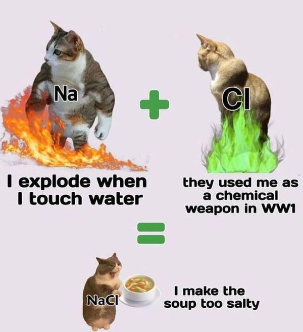 chemistry meme - Na Ci I explode when I touch water they used me as a chemical weapon in WW1 NaCI I make the soup too salty