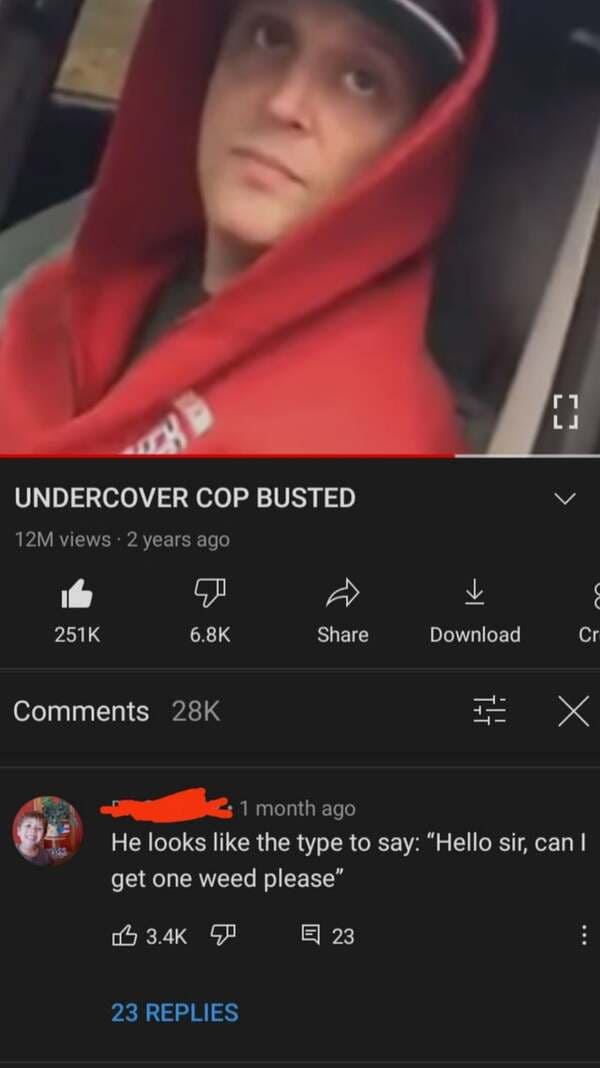 photo caption - 1 Lj Undercover Cop Busted 12M views 2 years ago > Download Cr 28K iti 1 month ago He looks the type to say "Hello sir, can 1 get one weed please" G E 23 23 Replies