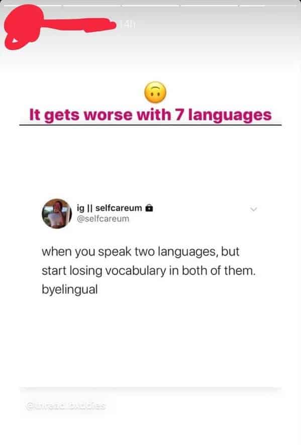 paper - It gets worse with 7 languages ig || selfcareum when you speak two languages, but start losing vocabulary in both of them. byelingual