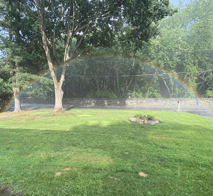 “This complete, mini-rainbow showed up in front of my mom’s house.”