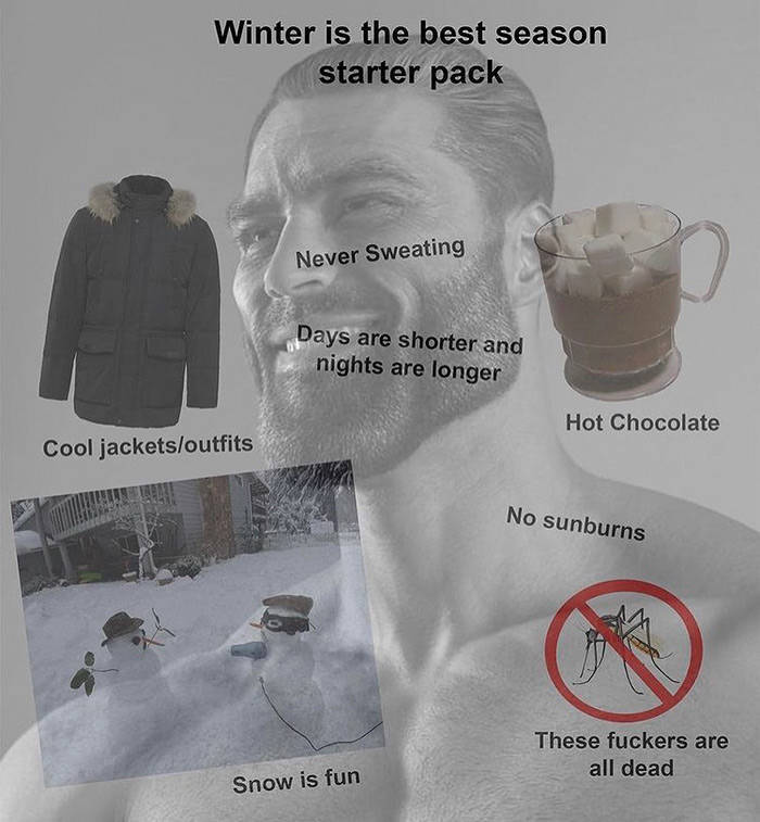 winter is the best season starter pack - Winter is the best season starter pack Never Sweating Days are shorter and nights are longer Hot Chocolate Cool jacketsoutfits No sunburns These fuckers are all dead Snow is fun