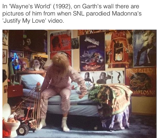 90s movie facts - In 'Wayne's World' 1992, on Garth's wall there are pictures of him from when Snl parodied Madonna's 'Justify My Love' video. Att Buan Tozzy Atomic