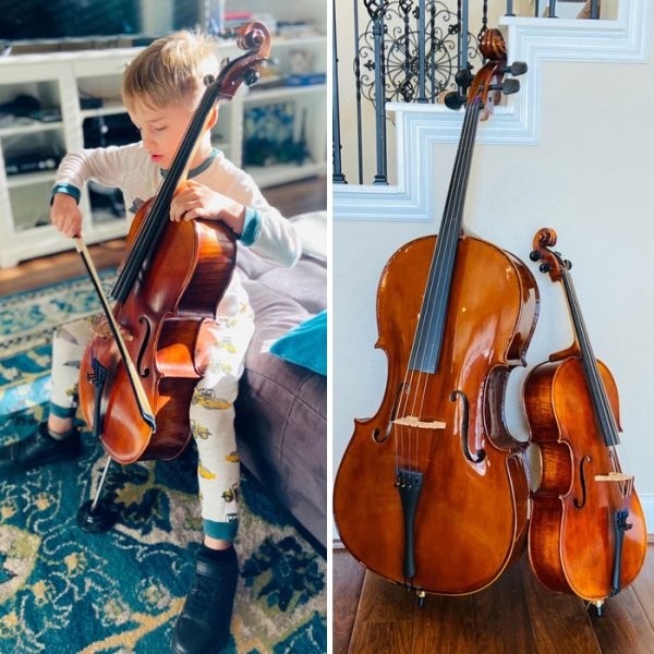 My 6 yo son just decided to play cello. Pictured: my cello is size 4/4 and his is 1/8. Playing with him is one of my greatest joys. It may not last for long, but I’ll cherish every moment we share.