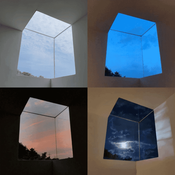A cubic window during different times of the day.
