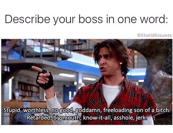 work memes - best movie insults - Describe your boss in one word Stupid, worthless, no good, goddamn, freeloading son of a bitch. Retarded, big mouth, knowitall, asshole, jerk.