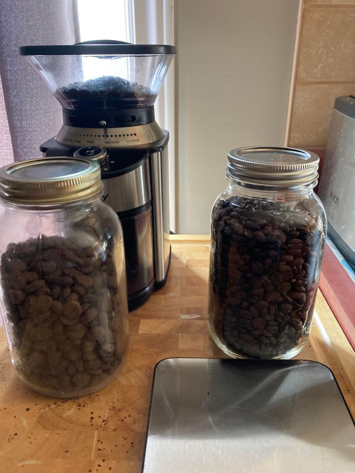 “My wife likes to keep dog food beside coffee beans. Guess what I did at 5:30 a.m. this morning?”