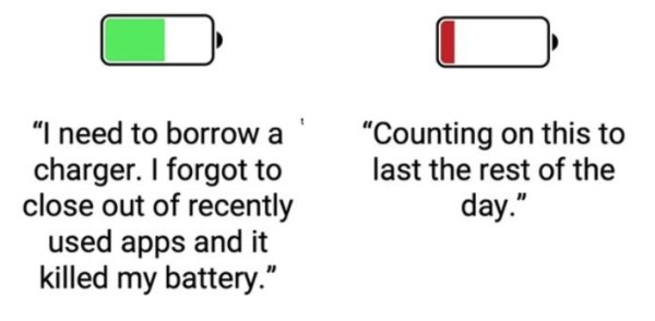 two types of people - diagram - "I need to borrow a charger. I forgot to close out of recently used apps and it killed my battery." "Counting on this to last the rest of the day."