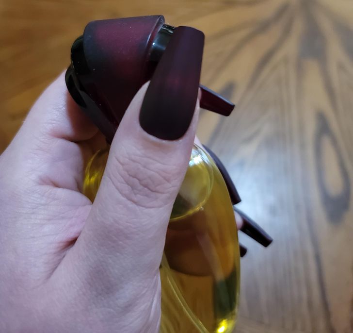 “My nails (unintentionally) ended up the same texture and color as the cap on my perfume bottle.”