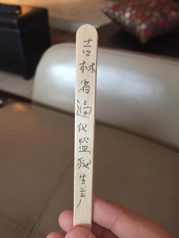 “This one popsicle stick in a bag of arts and crafts sticks. The writing reads: “Made in prison of Tonghua Jilin Province.”
