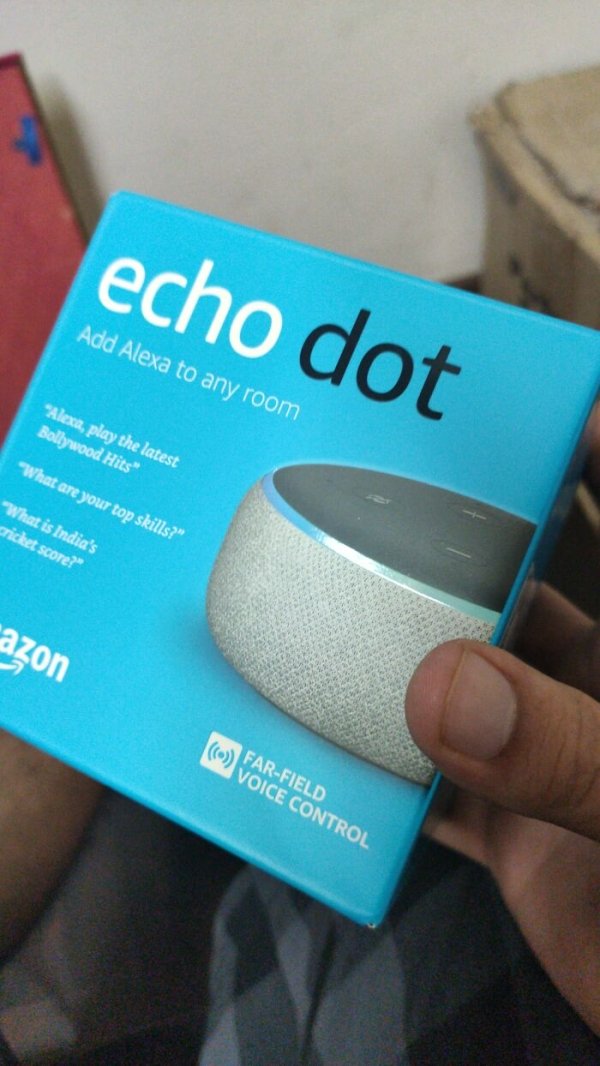 label - echo dot Add Alexa to any room "Alexa, play the latest Bollywood Hits "What are your top skills?" "What is India's cricket score?" azon FarField Voice Control