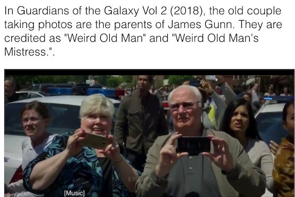 crowd - In Guardians of the Galaxy Vol 2 2018, the old couple taking photos are the parents of James Gunn. They are credited as "Weird Old Man" and "Weird Old Man's Mistress." Music