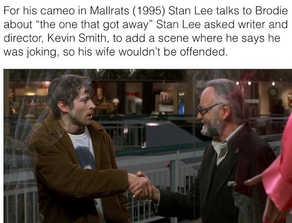 conversation - For his cameo in Mallrats 1995 Stan Lee talks to Brodie about "the one that got away" Stan Lee asked writer and director, Kevin Smith, to add a scene where he says he was joking, so his wife wouldn't be offended.