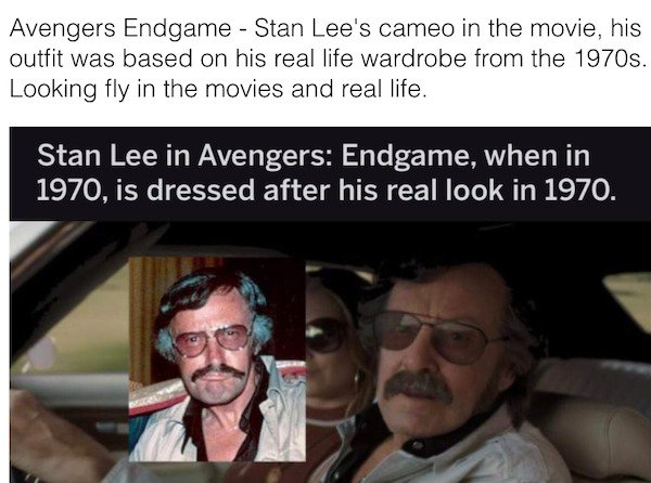 photo caption - Avengers Endgame Stan Lee's cameo in the movie, his outfit was based on his real life wardrobe from the 1970s. Looking fly in the movies and real life. Stan Lee in Avengers Endgame, when in 1970, is dressed after his real look in 1970.