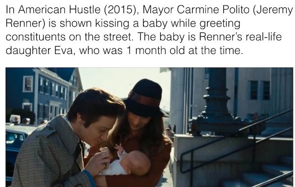 sonni pacheco american hustle - In American Hustle 2015, Mayor Carmine Polito Jeremy Renner is shown kissing a baby while greeting constituents on the street. The baby is Renner's reallife daughter Eva, who was 1 month old at the time.