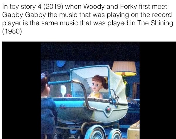 car - In toy story 4 2019 when Woody and Forky first meet Gabby Gabby the music that was playing on the record player is the same music that was played in The Shining 1980