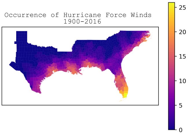 angle - 25 Occurrence of Hurricane Force Winds 19002016 20 15 10 5 0