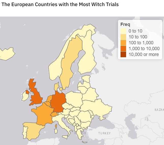 cartoon - The European Countries with the Most Witch Trials Freq O to 10 10 to 100 100 to 1,000 1,000 to 10,000 10,000 or more Turkey