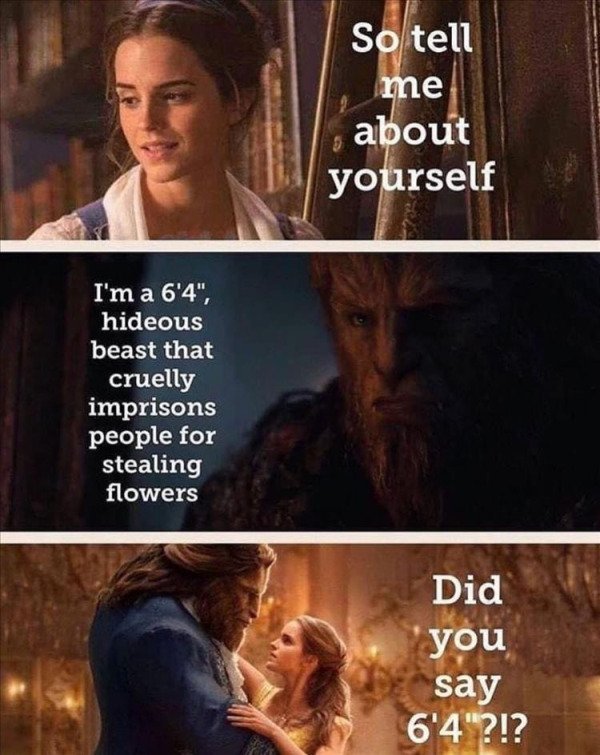 beauty and the beast 6 4 meme - So tell me about yourself I'm a 6'4", hideous beast that cruelly imprisons people for stealing flowers Did you say 6'4"?!?