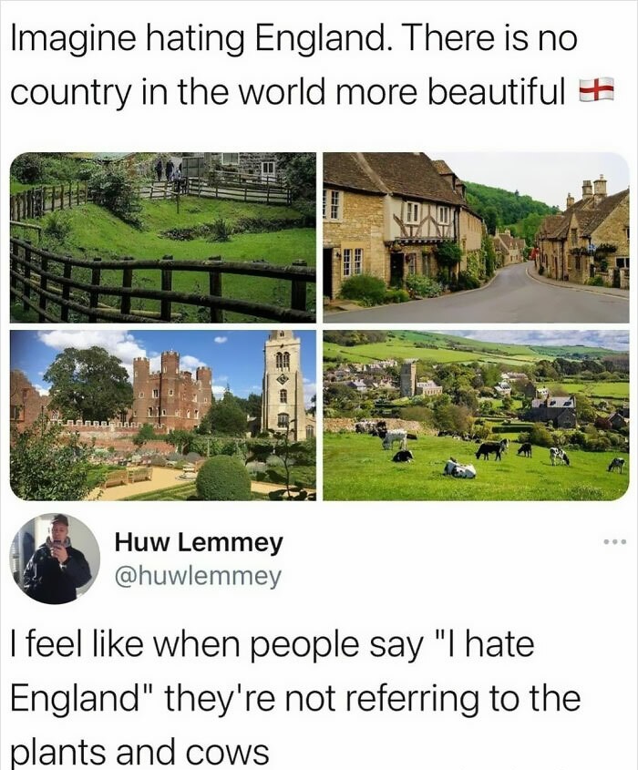 main street - Imagine hating England. There is no country in the world more beautiful Res Dnu . Be Bee Huw Lemmey I feel when people say "I hate England" they're not referring to the plants and cows