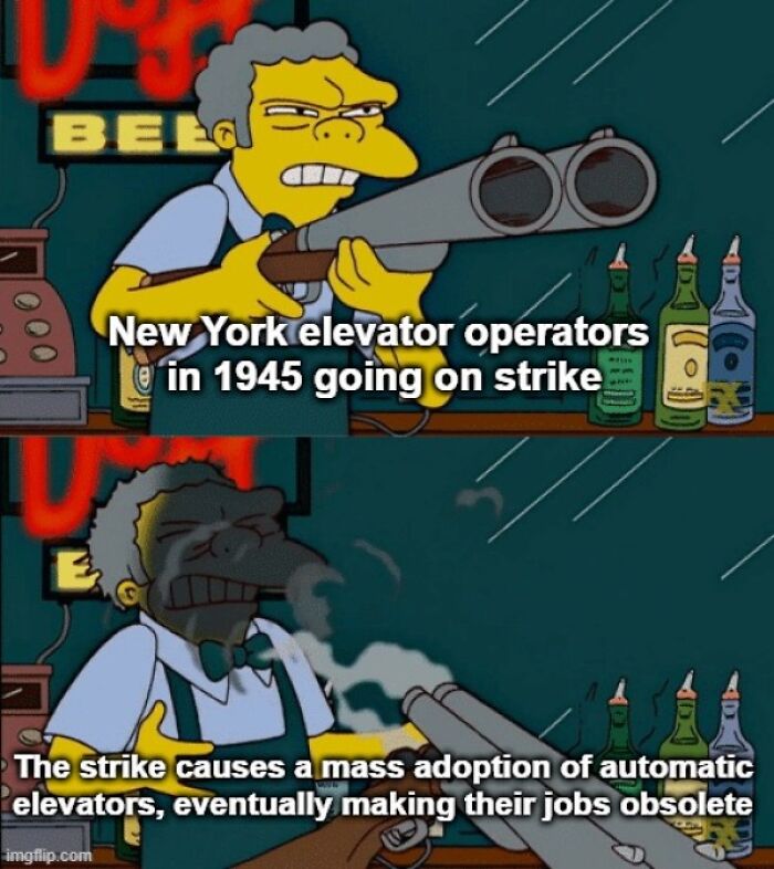 roblox r34 - Be Eu 00 New York elevator operators in 1945 going on strike 1. E The strike causes a mass adoption of automatic elevators, eventually making their jobs obsolete imgflip.com