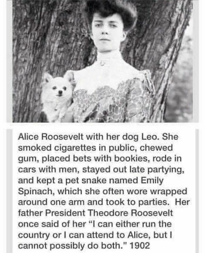 alice roosevelt leo - Alice Roosevelt with her dog Leo. She smoked cigarettes in public, chewed gum, placed bets with bookies, rode in cars with men, stayed out late partying, and kept a pet snake named Emily Spinach, which she often wore wrapped around o