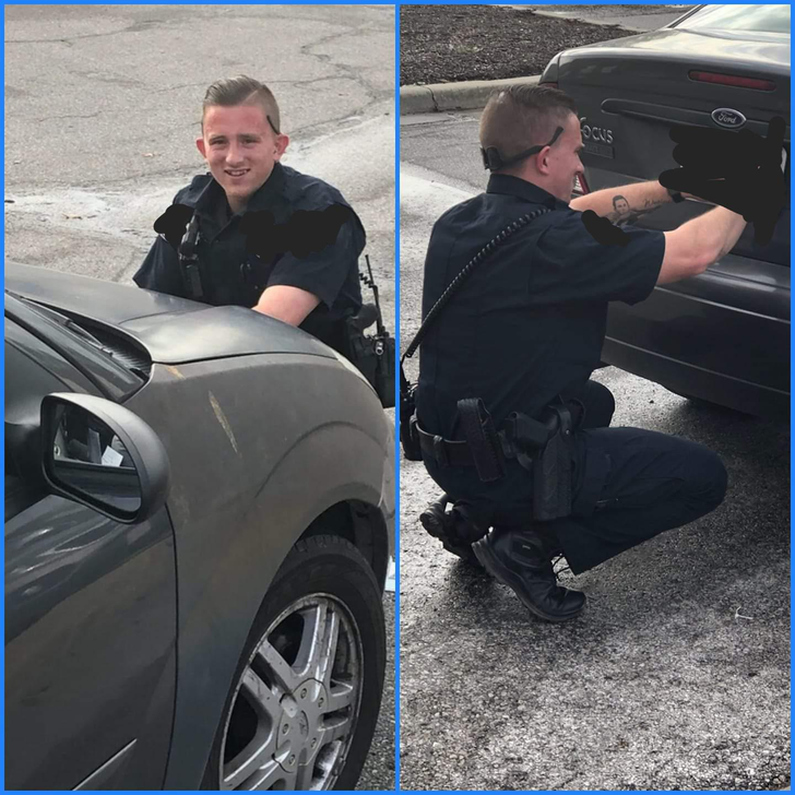 “This officer helping an elderly lady change her license plate.”